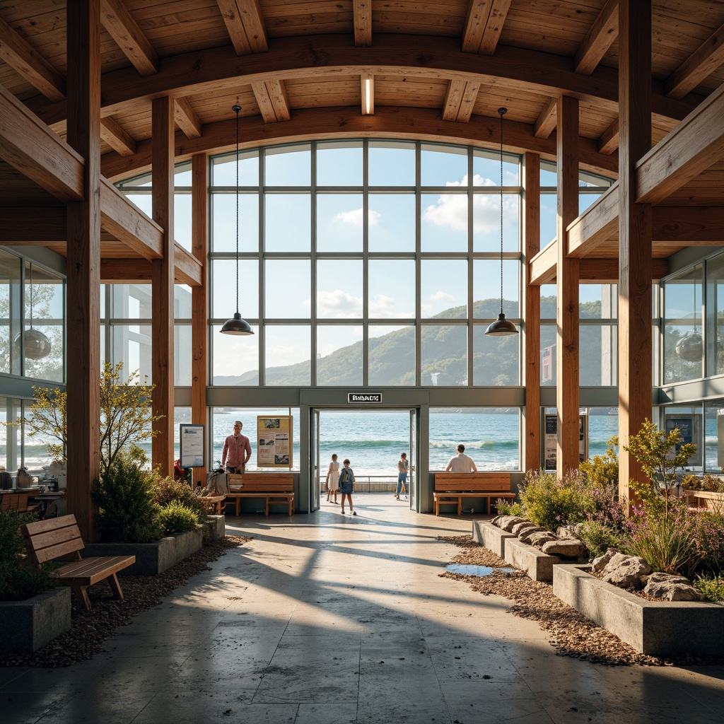 Prompt: Seaside train station, ocean views, waves crashing, salty air, nautical theme, modern architecture, curved lines, wooden accents, large windows, natural light, beach-inspired colors, sandy textures, driftwood benches, marine life displays, educational signs, tidal patterns, ocean breeze, soft warm lighting, shallow depth of field, 3/4 composition, panoramic view, realistic textures, ambient occlusion.