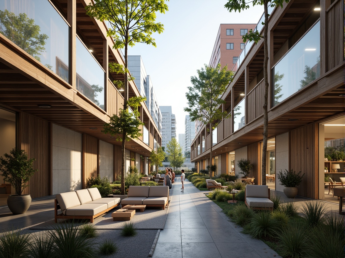 Prompt: Eco-friendly dormitory, polycarbonate walls, translucent roofing, natural ventilation, energy-efficient lighting, minimalist decor, recycled furniture, greenery-filled balconies, urban cityscape views, modern architecture, sleek lines, industrial chic aesthetic, soft warm glow, shallow depth of field, 1/1 composition, realistic textures, ambient occlusion.