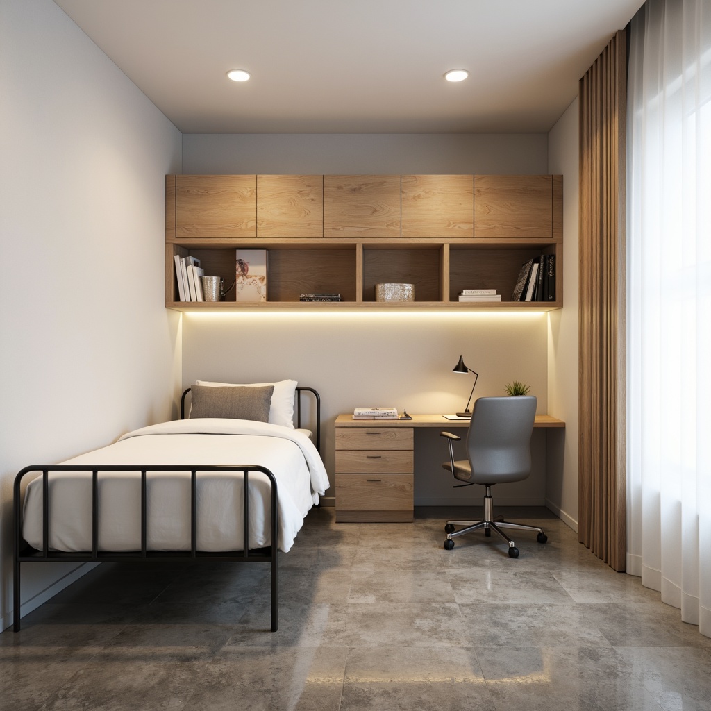 Prompt: Simple dorm room, minimal decor, monochromatic color scheme, sleek metal frame bed, compact desk, ergonomic chair, built-in shelving, soft warm lighting, natural wood accents, plain white walls, polished concrete floor, modern minimalist furniture, clutter-free space, functional layout, cozy reading nook, comfortable bedding, subtle textures, shallow depth of field, 1/1 composition, realistic rendering.