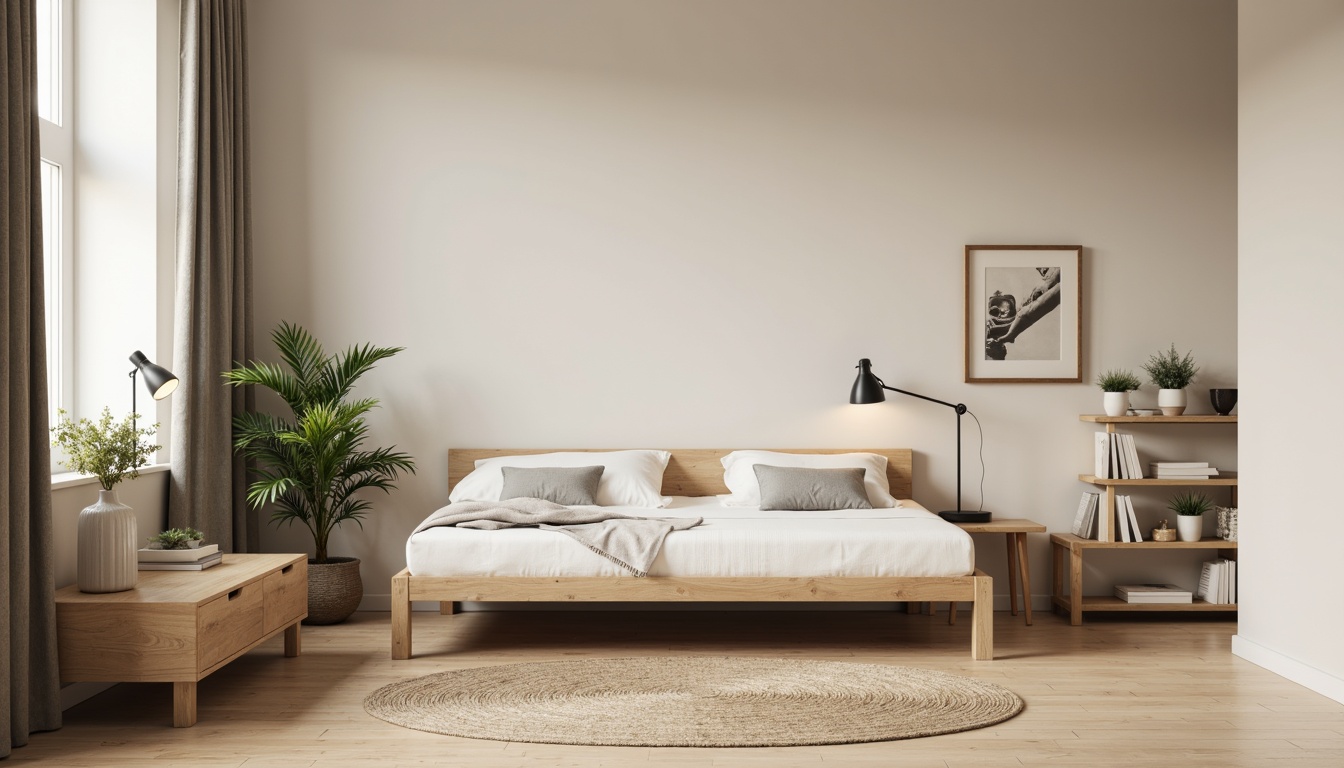 Prompt: Monochromatic dorm room, minimalist decor, soft beige walls, light wood furniture, simple bed frame, crisp white bedding, subtle gray accents, industrial metal lamps, natural fiber rugs, calm atmosphere, warm softbox lighting, shallow depth of field, 1/1 composition, realistic textures, ambient occlusion.