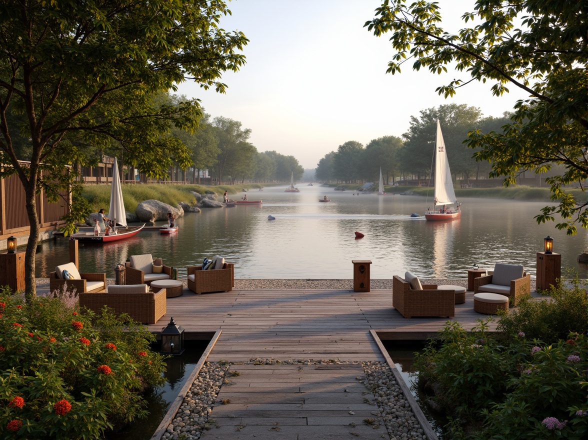 Prompt: Serene waterfront, rustic wooden dock, lush greenery, vibrant flowers, tranquil lake views, sailboats, kayaks, paddleboards, nautical ropes, weathered wood accents, natural stone pathways, lantern-style lighting, warm sunset glow, shallow depth of field, 3/4 composition, panoramic view, realistic textures, ambient occlusion, cozy outdoor seating areas, woven wicker furniture, plush cushions, soft warm lighting, misty morning atmosphere.