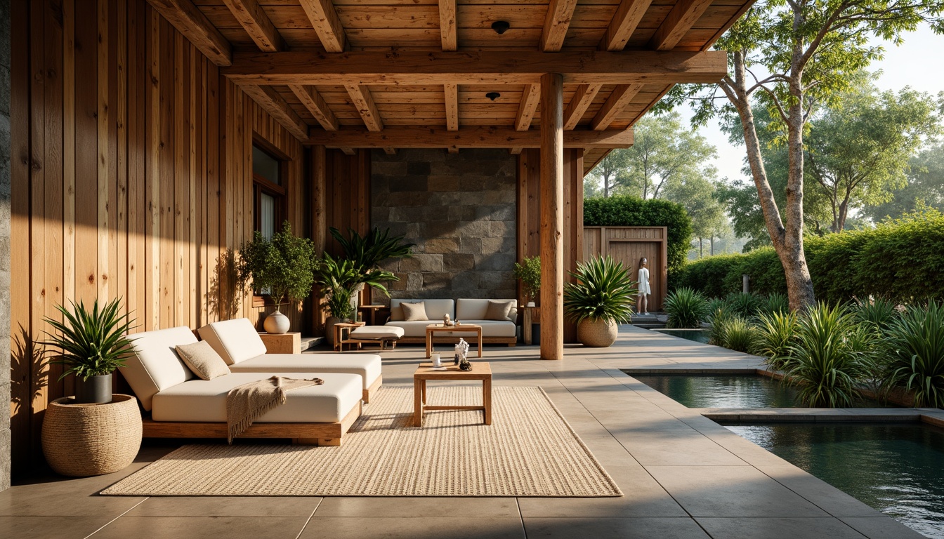 Prompt: Rustic wooden accents, reclaimed timber, natural stone walls, earthy color palette, organic textures, bamboo flooring, woven rattan furniture, living green roofs, lush vegetation, serene water features, minimalist decor, warm ambient lighting, soft shadows, 1/1 composition, realistic renderings, subtle depth of field.