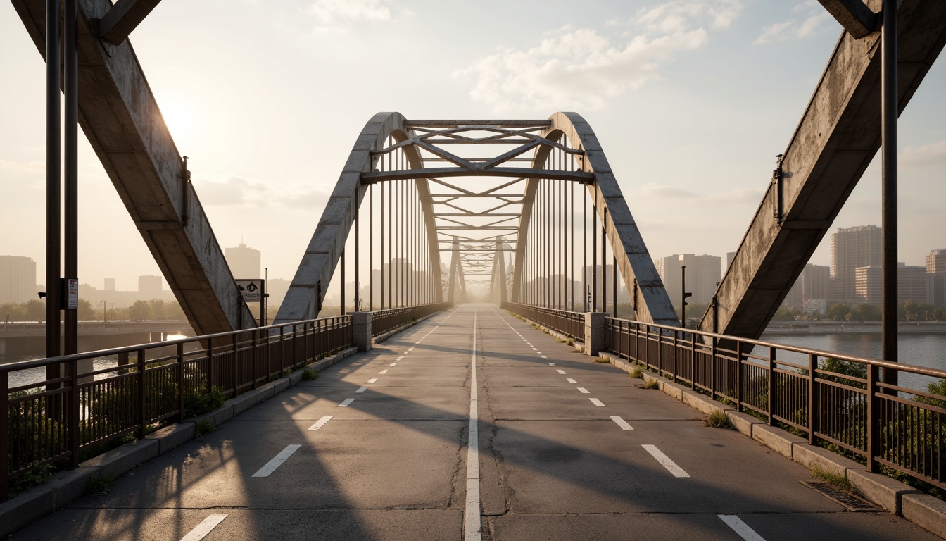 Prompt: Rustic vehicular bridge, steel arches, suspension cables, concrete piers, asphalt roadways, metallic railings, urban cityscape, misty morning fog, soft warm lighting, shallow depth of field, 1/1 composition, realistic textures, ambient occlusion, structural beams, load-bearing columns, reinforced concrete foundations, drainage systems, waterproof coatings, anti-corrosion treatments, safety barriers, pedestrian walkways, scenic overlooks.