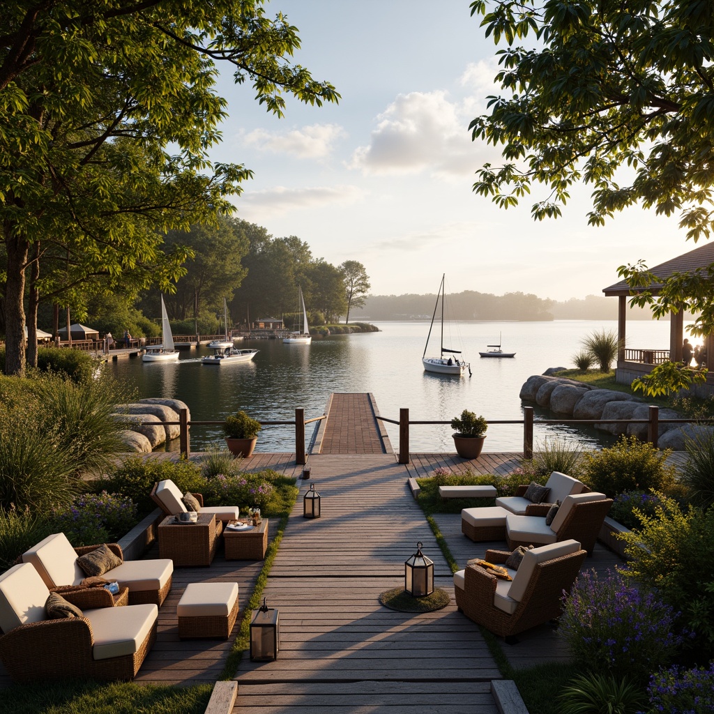 Prompt: Serene waterfront, rustic wooden dock, lush greenery, vibrant flowers, tranquil lake views, sailboats, kayaks, paddleboards, nautical ropes, weathered wood accents, natural stone pathways, lantern-style lighting, warm sunset glow, shallow depth of field, 3/4 composition, panoramic view, realistic textures, ambient occlusion, cozy outdoor seating areas, woven wicker furniture, plush cushions, soft warm lighting, misty morning atmosphere.