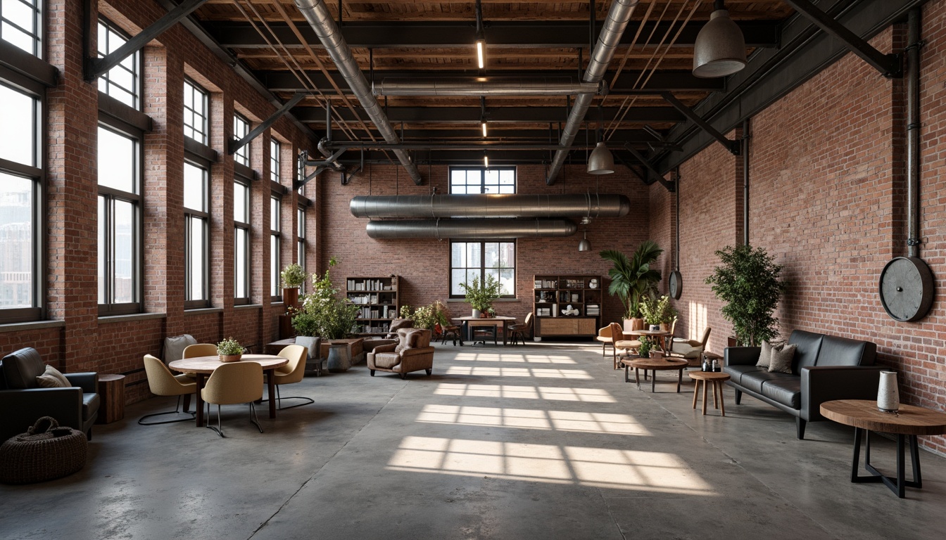 Prompt: Industrial factory setting, exposed brick walls, metal beams, concrete floors, minimalist decor, functional lighting, textured surfaces, distressed wood accents, rusty metal details, urban atmosphere, soft natural light, shallow depth of field, 1/1 composition, realistic materials, ambient occlusion.