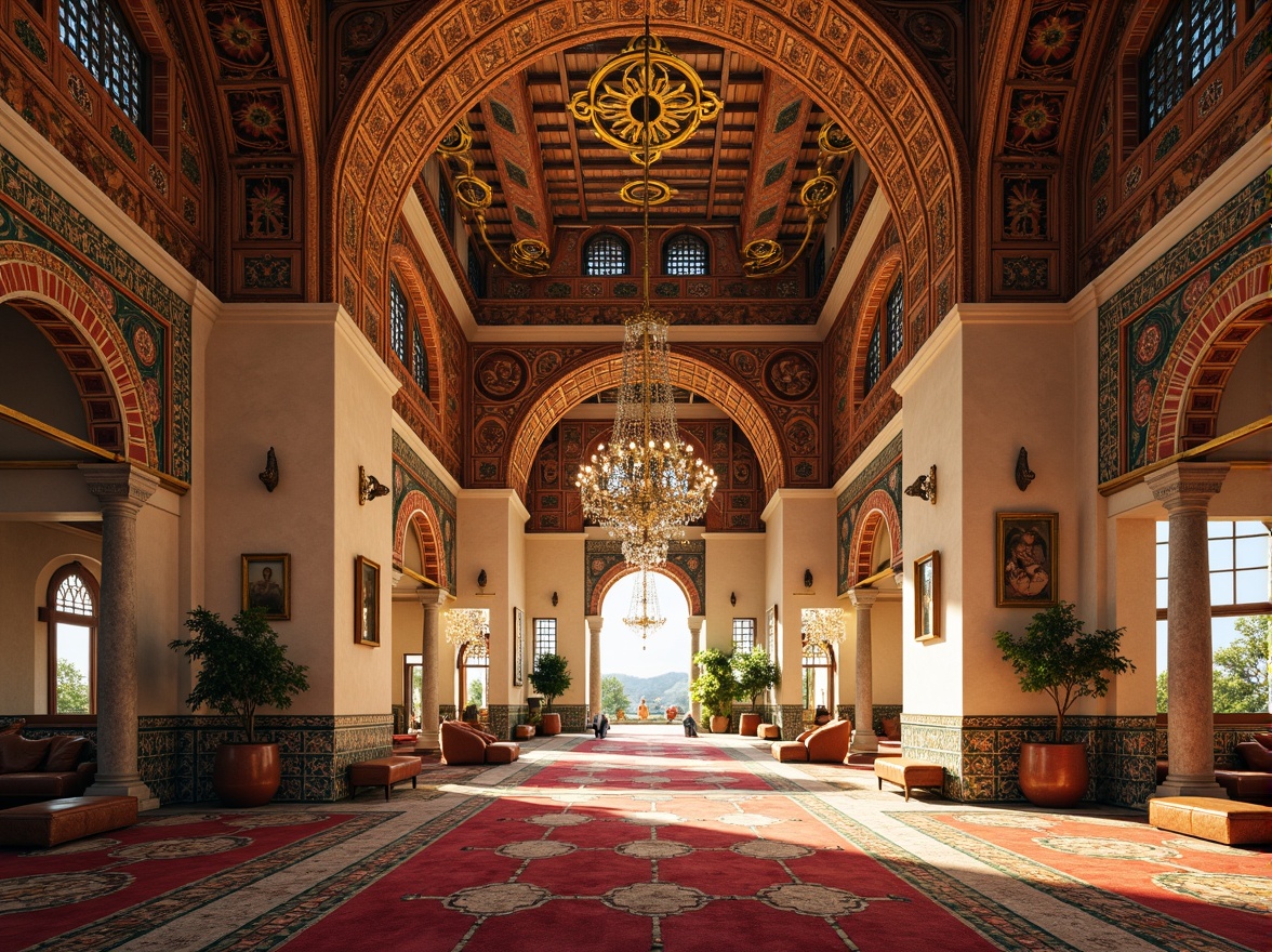 Prompt: Vibrant Islamic-inspired architecture, intricate geometric motifs, ornate tile work, symmetrical archways, grand domes, minarets, colorful mosaics, luxurious textiles, opulent furnishings, lavish decorations, majestic columns, grandiose chandeliers, warm golden lighting, shallow depth of field, 3/4 composition, panoramic view, realistic textures, ambient occlusion.