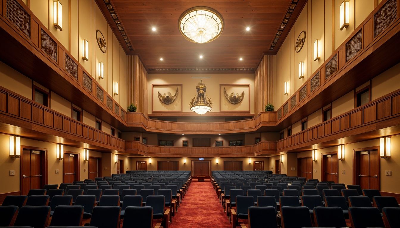 Prompt: Elegant auditorium interior, rich wood tones, warm beige walls, deep blue seats, golden lighting fixtures, sophisticated sound systems, acoustic panels, plush red carpets, dramatic stage lighting, grand chandeliers, ornate architectural details, luxurious velvet curtains, soft cream-colored ceilings, subtle texture contrasts, 1/2 composition, atmospheric misty lighting, realistic material reflections.