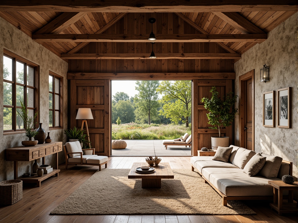 Prompt: Rustic barn, reclaimed wood accents, vintage farm tools, natural stone walls, earthy color palette, exposed wooden beams, large windows, sliding glass doors, lush greenery, wildflowers, sunny day, soft warm lighting, shallow depth of field, 3/4 composition, panoramic view, realistic textures, ambient occlusion, open floor plan, minimal ornamentation, distressed metal decor, woven textiles, natural fabrics, cozy nooks, plush furnishings, rustic-chic atmosphere.