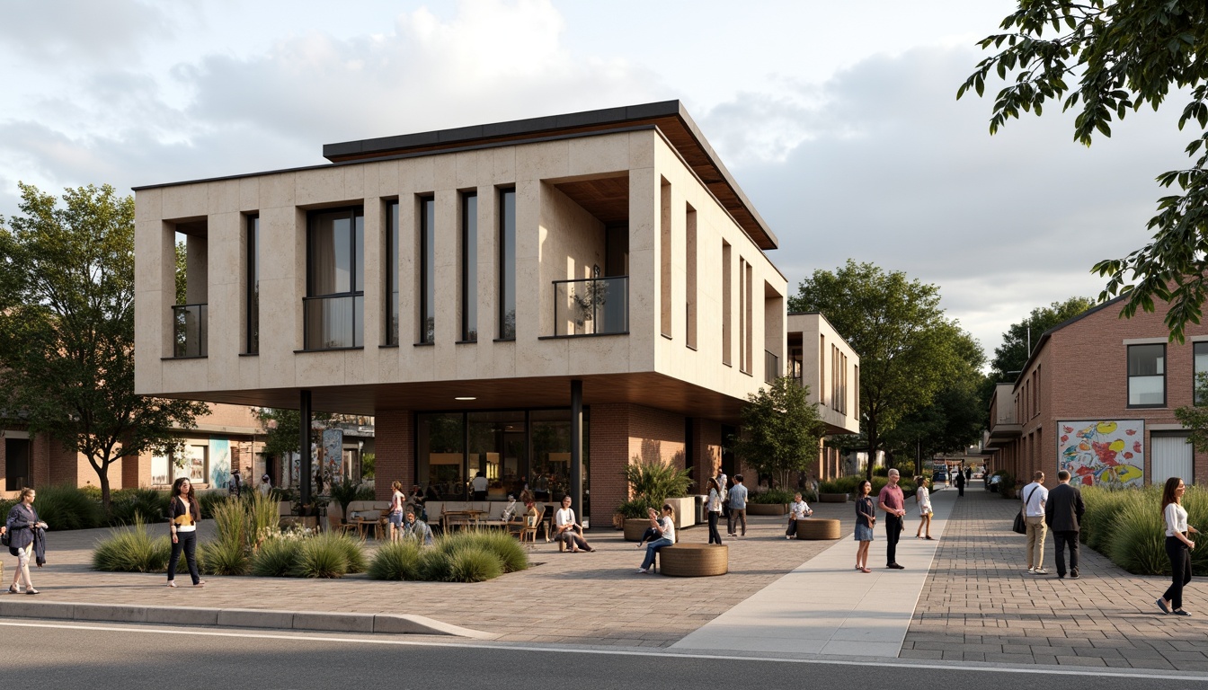 Prompt: Rustic community center, Bauhaus-inspired facade, rectangular forms, clean lines, industrial materials, exposed brick walls, steel beams, large windows, minimalist decor, functional simplicity, earthy color palette, natural textures, communal outdoor spaces, vibrant street art, urban landscape, cloudy sky, soft diffused lighting, 1/1 composition, realistic renderings, ambient occlusion.