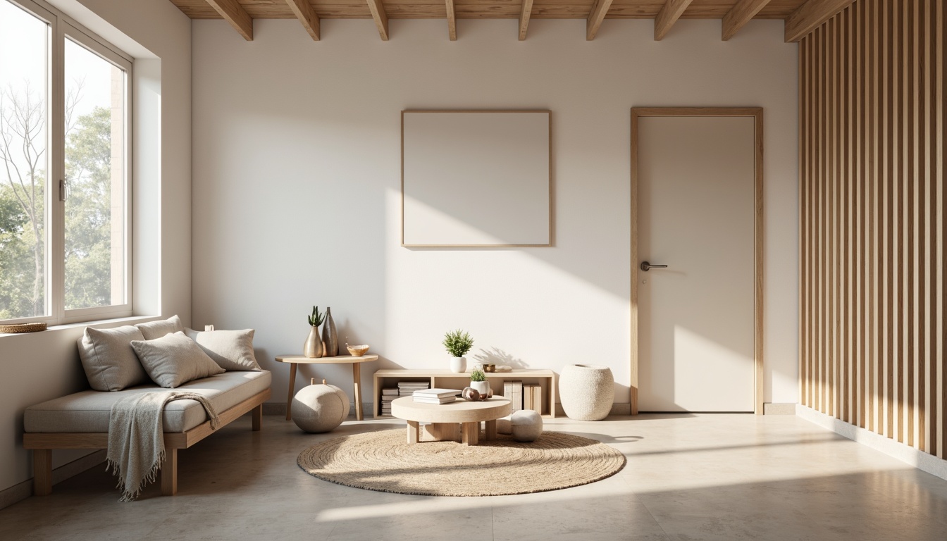 Prompt: Minimalist interior, monochromatic color scheme, clean lines, simple shapes, natural materials, wooden accents, subtle textures, soft warm lighting, shallow depth of field, 1/1 composition, realistic render, ambient occlusion, cozy atmosphere, intimate scale, functional simplicity, Scandinavian-inspired furniture, neutral tone palette, elegant typography, subtle branding elements.