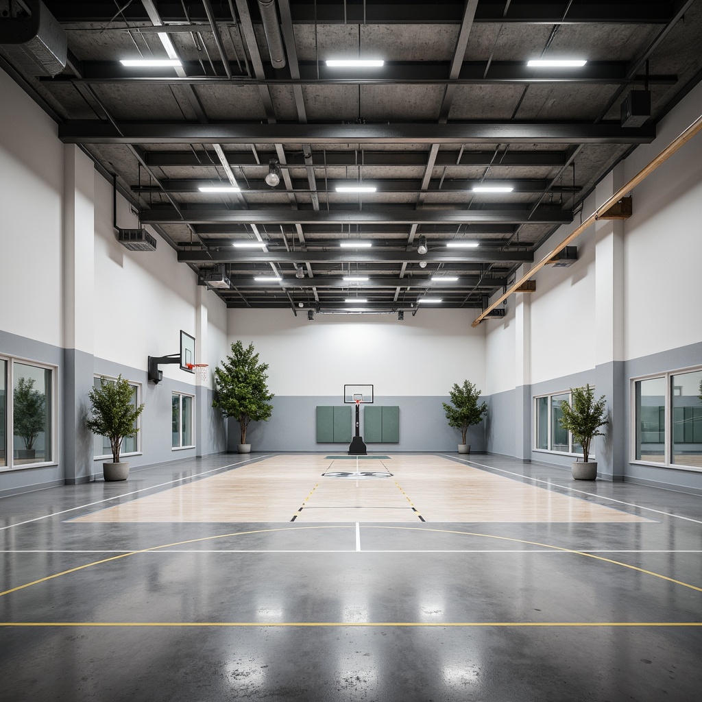 Prompt: Clean lines, minimal ornamentation, functional simplicity, rectangular forms, flat roofs, large windows, natural light, industrial materials, exposed ductwork, polished concrete floors, neutral color palette, subtle textures, athletic equipment, basketball hoops, sports flooring, mirrored walls, modern LED lighting, shallow depth of field, 1/1 composition, realistic reflections, ambient occlusion.