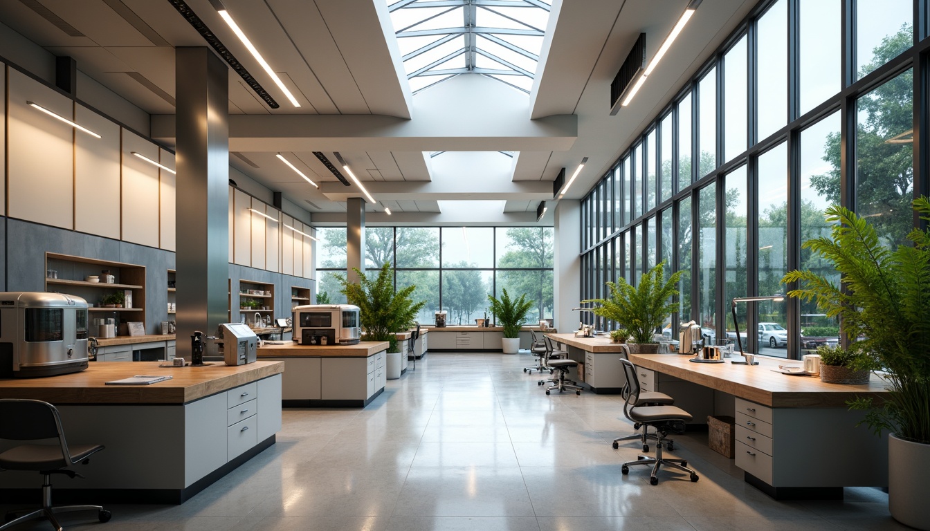 Prompt: Modern laboratory interior, abundant natural light, large skylights, clerestory windows, transparent glass walls, minimalist decor, sleek metal equipment, wooden workbenches, ergonomic chairs, green plants, soft warm lighting, shallow depth of field, 1/1 composition, realistic textures, ambient occlusion, sterile atmosphere, futuristic design elements, high-tech gadgets, innovative scientific instruments.