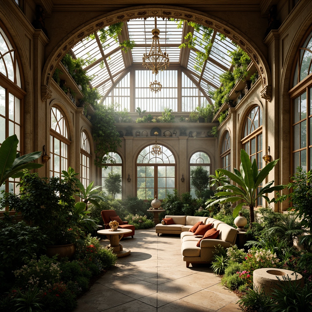 Prompt: Ornate greenhouse, lush tropical plants, delicate vines, intricate stone carvings, grandiose archways, ornamental fountains, soft warm natural lighting, diffused sunlight, misty atmosphere, rustic wooden beams, elegant chandeliers, lavish furnishings, velvet drapes, golden accents, Baroque-inspired ornaments, curved lines, symmetrical composition, shallow depth of field, 1/1 aspect ratio, realistic textures, ambient occlusion.