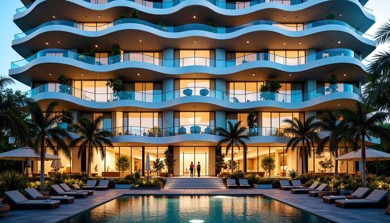 Prompt: Vibrant hotel facade, undulating curves, iridescent glass panels, LED light installations, cantilevered balconies, lush green walls, tropical plants, warm golden lighting, shallow depth of field, 1/1 composition, panoramic view, realistic textures, ambient occlusion, luxurious amenities, rooftop pool, outdoor lounge areas, modern minimalist decor, sleek metal accents, polished marble floors, sophisticated color schemes, futuristic ambiance, experimental materials, innovative structural systems.