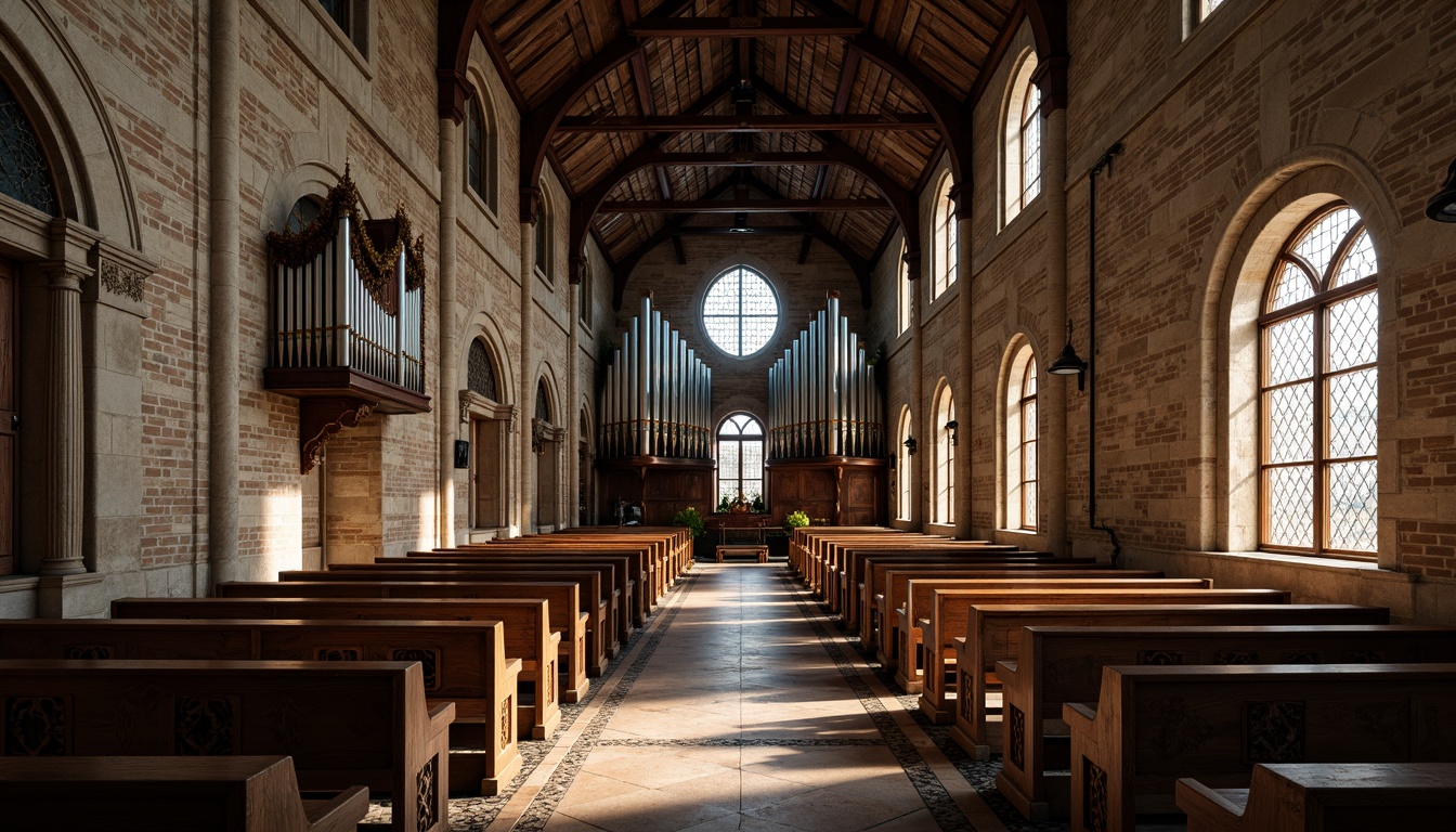 Prompt: Ancient stone walls, ornate wooden pews, stained glass windows, intricate marble floors, rustic brick arches, vaulted ceilings, grandiose pipe organs, luxurious velvet drapes, weathered copper roofs, distressed wood accents, smooth limestone columns, ornamental metalwork, mystical ambiance, warm soft lighting, high contrast ratio, dramatic shadows, 1/2 composition, symmetrical framing, realistic reflections, subtle ambient occlusion.