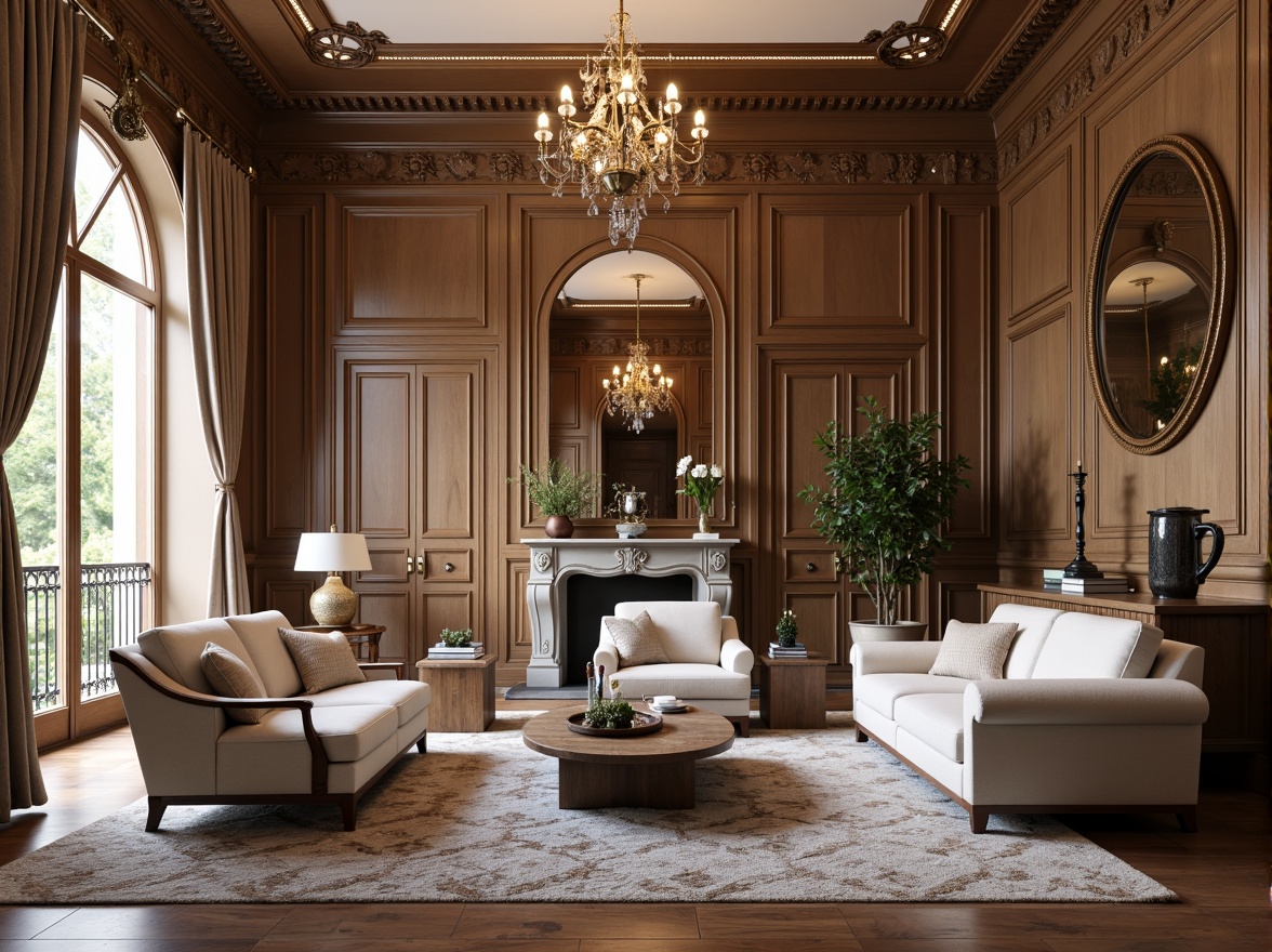 Prompt: Elegant classicism style homes, ornate furnishings, rich wood tones, luxurious fabrics, intricate moldings, high ceilings, grand chandeliers, symmetrical compositions, neutral color palette, subtle textures, refined lighting fixtures, sophisticated accessories, vintage decorative pieces, plush area rugs, statement walls, ornamental mirrors, lavish drapery, soft warm ambiance, shallow depth of field, 1/1 composition, realistic renderings, ambient occlusion.