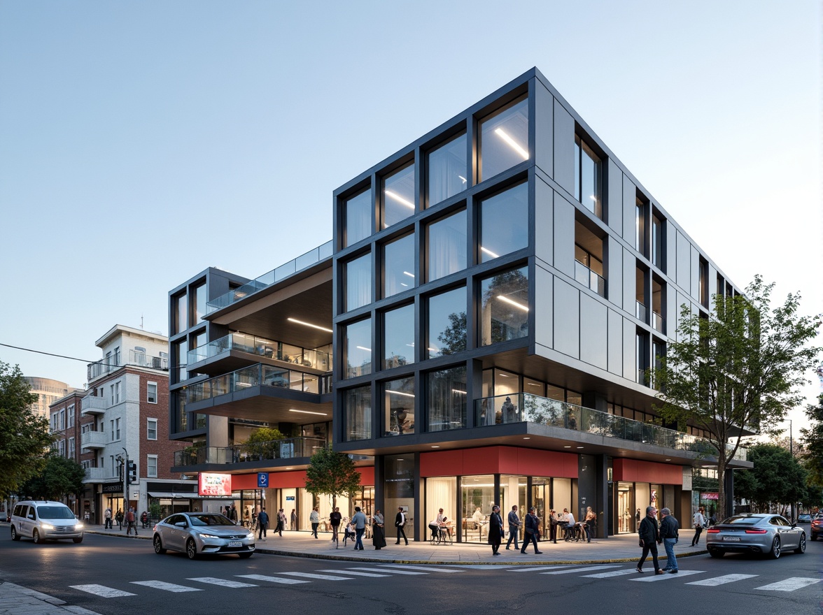 Prompt: Geometric bus station, rectangular forms, clean lines, minimal ornamentation, functional design, industrial materials, steel frames, glass facades, cantilevered roofs, asymmetrical compositions, bold color schemes, urban landscape, busy streets, modern cityscape, natural light, shallow depth of field, 1/1 composition, realistic textures, ambient occlusion.