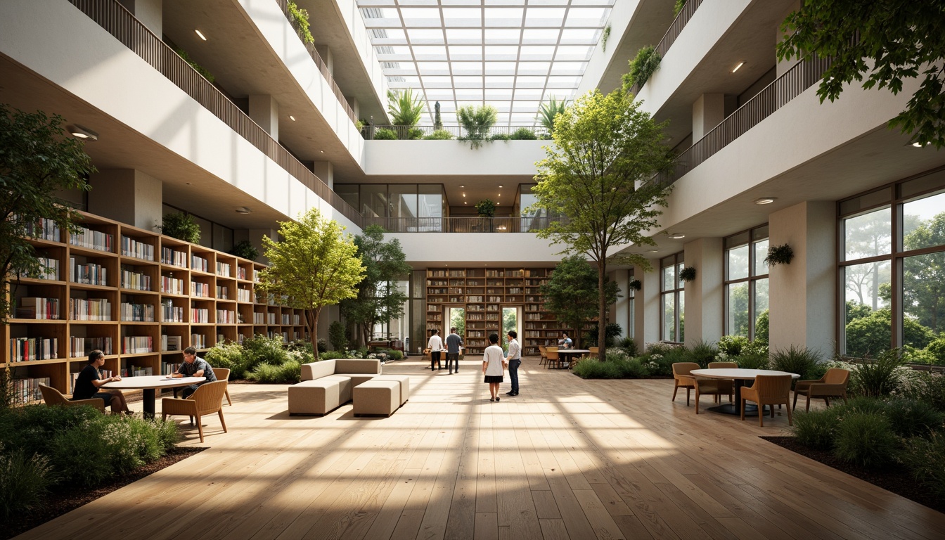 Prompt: Spacious library interior, abundant natural light, floor-to-ceiling windows, minimalist shelving, wooden floors, comfortable reading nooks, cozy study areas, soft warm lighting, indirect sunlight, clerestory windows, skylights, open atriums, green roofs, lush vegetation, serene atmosphere, modern architecture, sustainable design, eco-friendly materials, energy-efficient systems, calm color palette, subtle textures, shallow depth of field, 1/1 composition, realistic rendering.