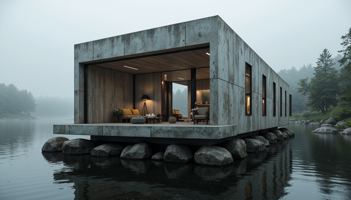 Prompt: Rugged boathouse, brutalist facade, raw concrete walls, weathered wooden accents, industrial metal frames, oversized windows, minimalist decor, nautical ropes, distressed wood textures, rusty metal details, dramatic shadows, low-key lighting, cinematic composition, atmospheric mist, mysterious lake surroundings, dense forest backdrop, overcast sky, subtle color palette, rough-hewn stone foundations.