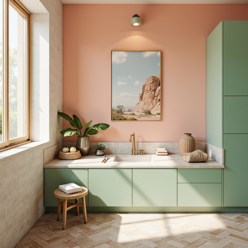 Prompt: Vibrant pastel hues, soft peach tones, calming mint greens, creamy whites, warm beige accents, rich wood textures, natural stone patterns, elegant metallic finishes, subtle gradient effects, atmospheric lighting, shallow depth of field, 2/3 composition, realistic renderings, ambient occlusion.