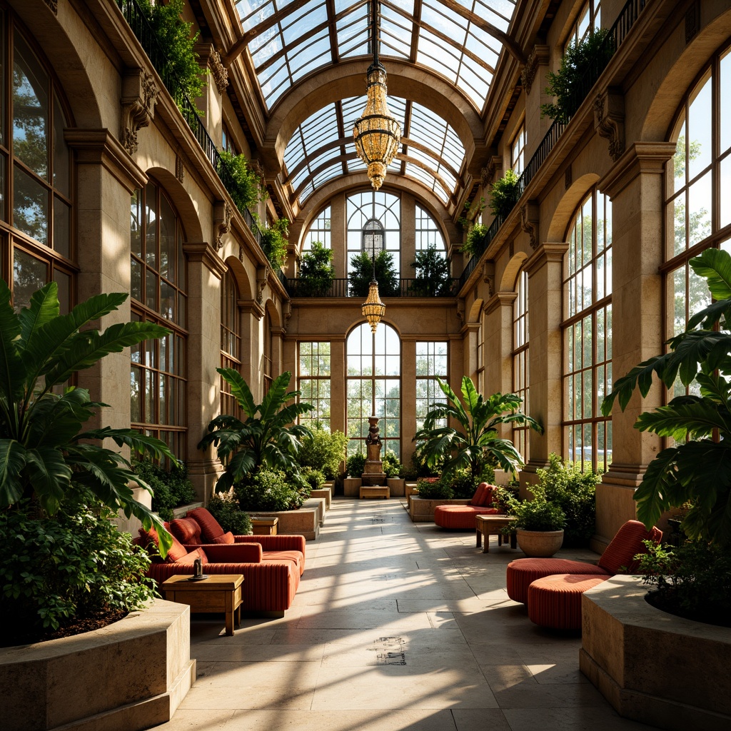 Prompt: Ornate greenhouse, lush tropical plants, delicate vines, intricate stone carvings, grandiose archways, ornamental fountains, soft natural lighting, warm golden tones, rustic wooden beams, elegant chandeliers, lavish furnishings, velvet drapes, rich textiles, Baroque-inspired patterns, curved lines, dramatic shadows, high contrast ratio, 1/2 composition, shallow depth of field, realistic reflections.