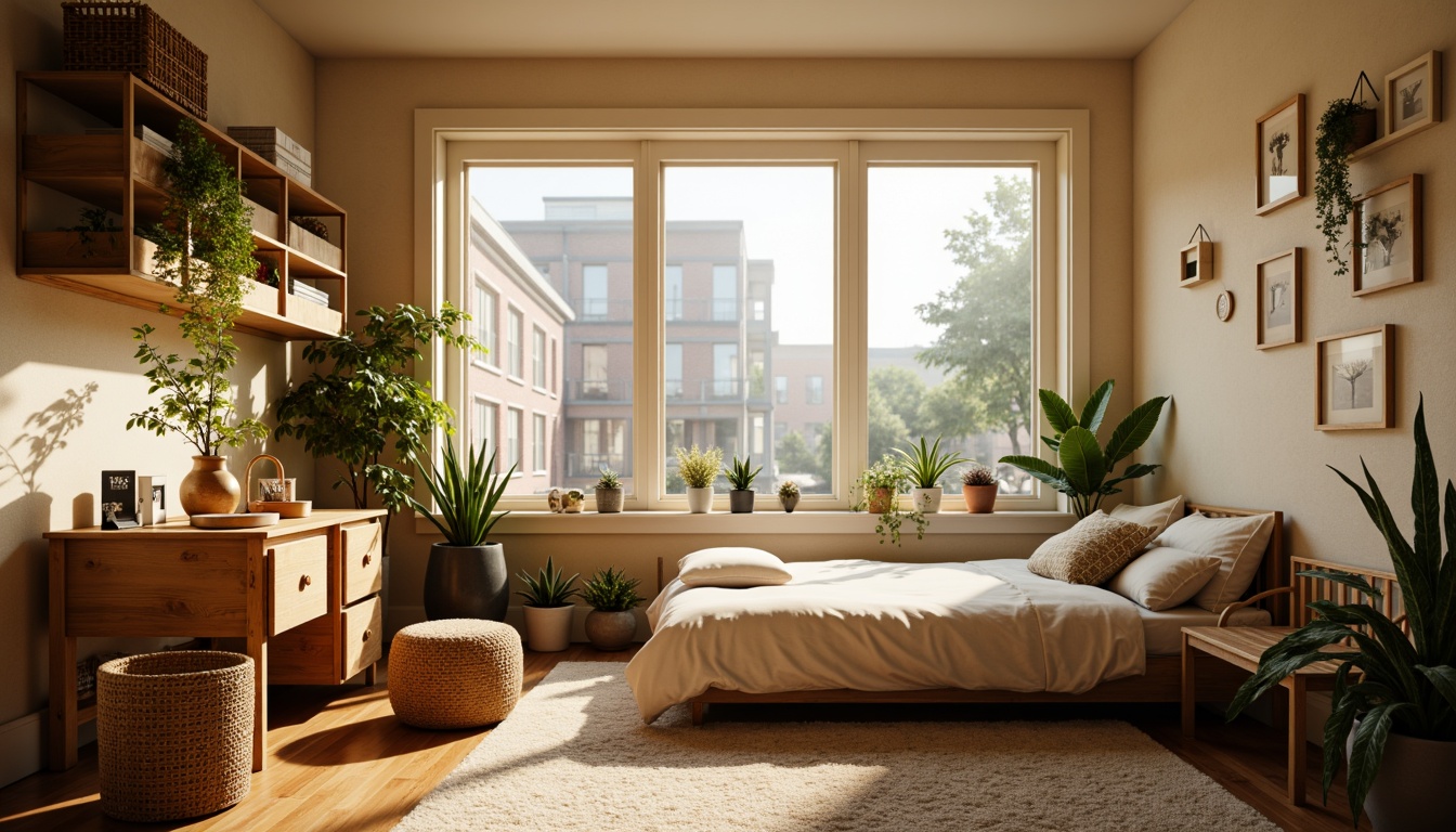 Prompt: Cozy dorm room, large windows, soft natural light, warm beige walls, comfortable bedding, wooden furniture, plants on shelves, calm atmosphere, morning sunlight, gentle shadows, 1/1 composition, shallow depth of field, realistic textures, ambient occlusion.