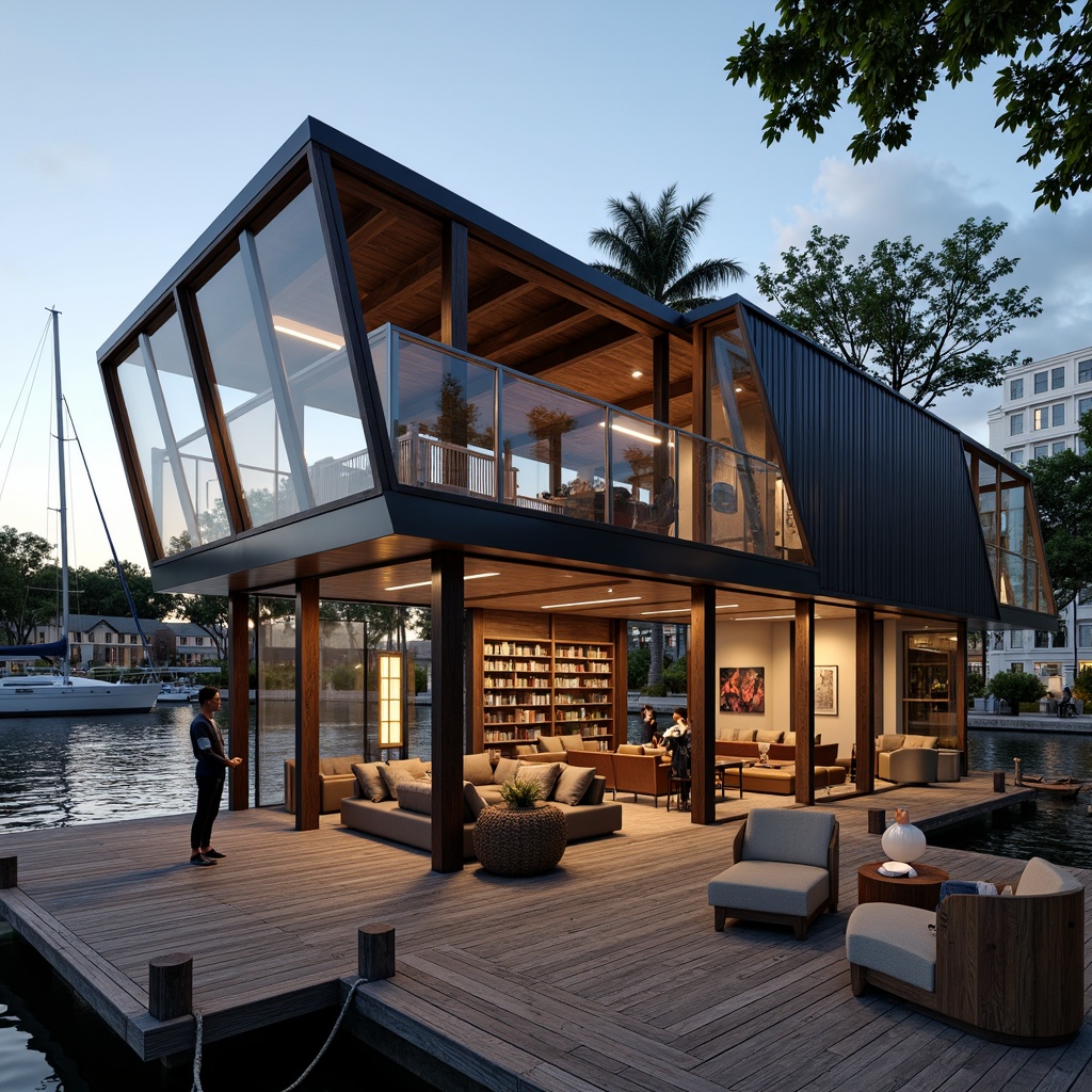 Prompt: Waterfront boathouse, rustic wooden dock, nautical ropes, sailboat masts, weathered wood accents, corrugated metal roofing, glass-enclosed observation deck, cantilevered upper floor, angular steel beams, industrial-style lighting fixtures, reclaimed wood interior, cozy reading nooks, plush furnishings, warm ambient lighting, shallow depth of field, 1/1 composition, realistic textures, soft focus effect.