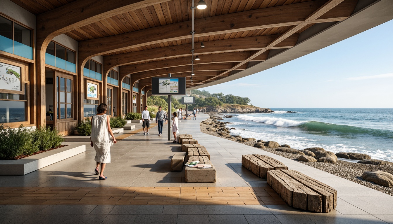 Prompt: Seaside train station, ocean views, waves crashing, salty air, nautical theme, modern architecture, curved lines, wooden accents, large windows, natural light, beach-inspired colors, sandy textures, driftwood benches, marine life displays, educational signs, tidal patterns, ocean breeze, soft warm lighting, shallow depth of field, 3/4 composition, panoramic view, realistic textures, ambient occlusion.