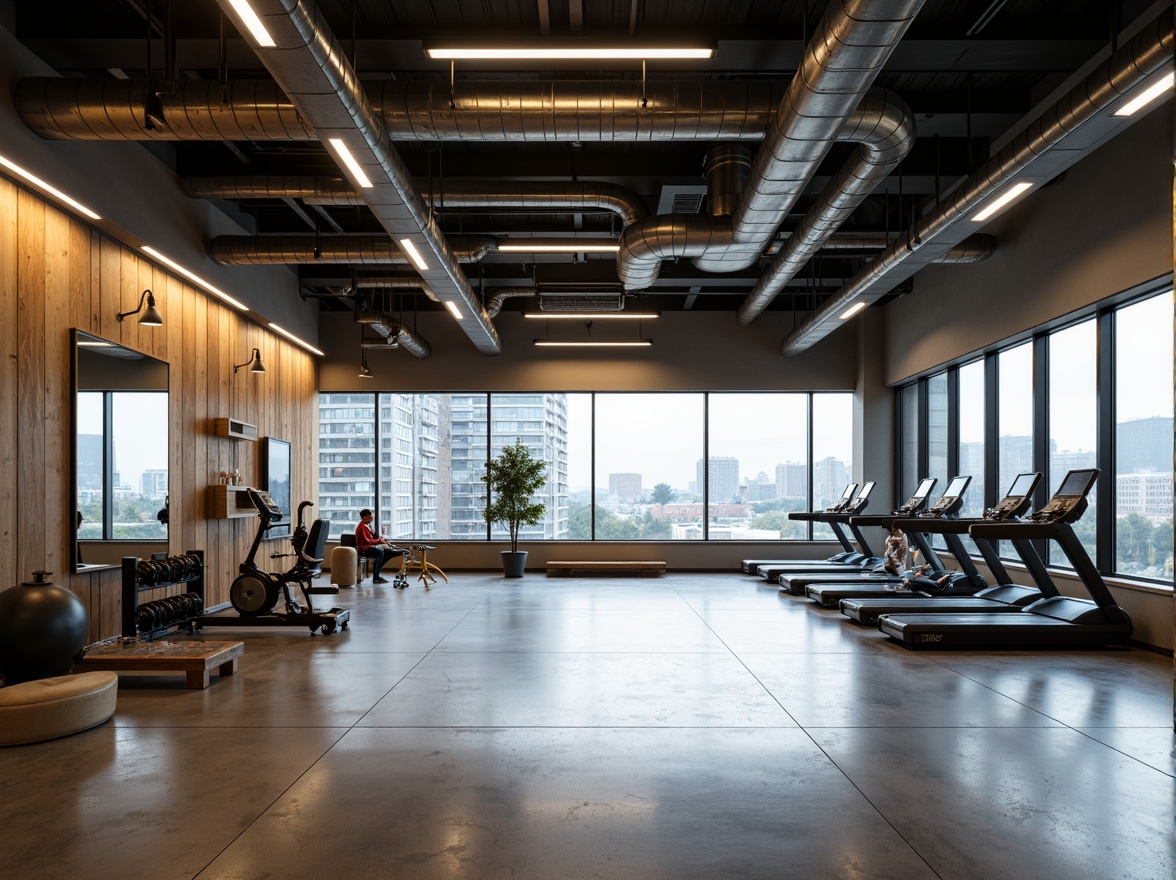 Prompt: Minimalist gymnasium interior, industrial chic aesthetic, polished concrete floors, exposed ductwork, sleek metal beams, modern LED lighting fixtures, suspended linear lamps, recessed ceiling lights, ambient indirect illumination, soft warm glow, high ceilings, large windows, natural daylight, urban cityscape views, athletic equipment, free weights, treadmills, exercise machines, mirrored walls, wooden accents, minimalist color palette, neutral tones, subtle textures, 1/1 composition, shallow depth of field, realistic reflections.