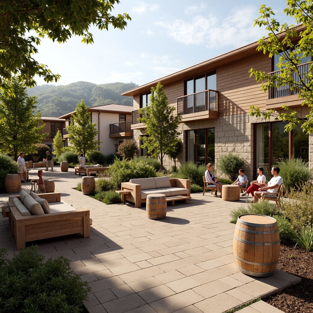 Prompt: Earthy winery social housing, rustic stone fa\u00e7ade, wooden accents, lush vineyards, rolling hills, warm sunny day, soft natural lighting, cozy outdoor seating areas, communal gardens, weathered wood benches, wrought iron railings, earthy color palette, terracotta roofs, stucco walls, large windows, sliding glass doors, modern farmhouse architecture, natural textiles, woven baskets, vintage wine barrels, distressed wood furniture, warm beige tones, soft sage greens, rich burgundy reds, creamy whites, shallow depth of field, 1/1 composition, realistic textures, ambient occlusion.