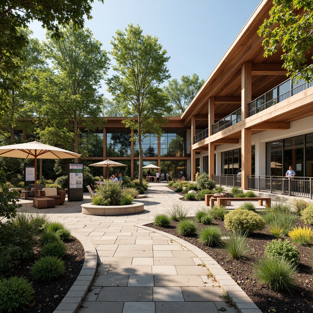 Prompt: \Visitor center courtyard, natural stone paving, lush greenery, native plant species, meandering walkways, educational signage, interactive exhibits, outdoor seating areas, wooden benches, rustic metal railings, modern architecture, large windows, glass doors, cantilevered roofs, sunny day, soft warm lighting, shallow depth of field, 3/4 composition, panoramic view, realistic textures, ambient occlusion.\