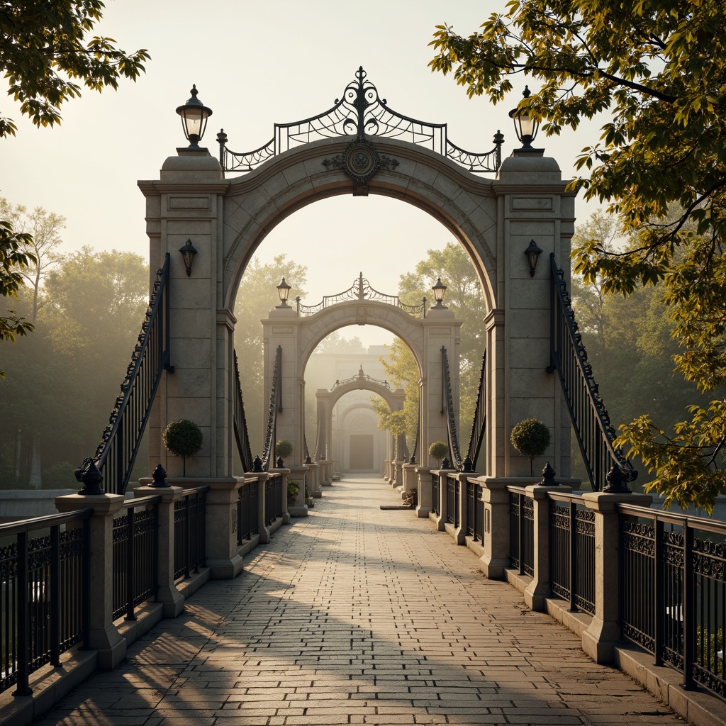 Prompt: Elegant pedestrian bridge, ornate iron railings, classicism-inspired arches, refined stone pillars, intricate carvings, ornamental lanterns, soft warm lighting, misty morning atmosphere, serene river views, lush greenery surroundings, natural stone walkways, decorative metalwork, subtle golden accents, symmetrical composition, shallow depth of field, 3/4 perspective, realistic textures, ambient occlusion.