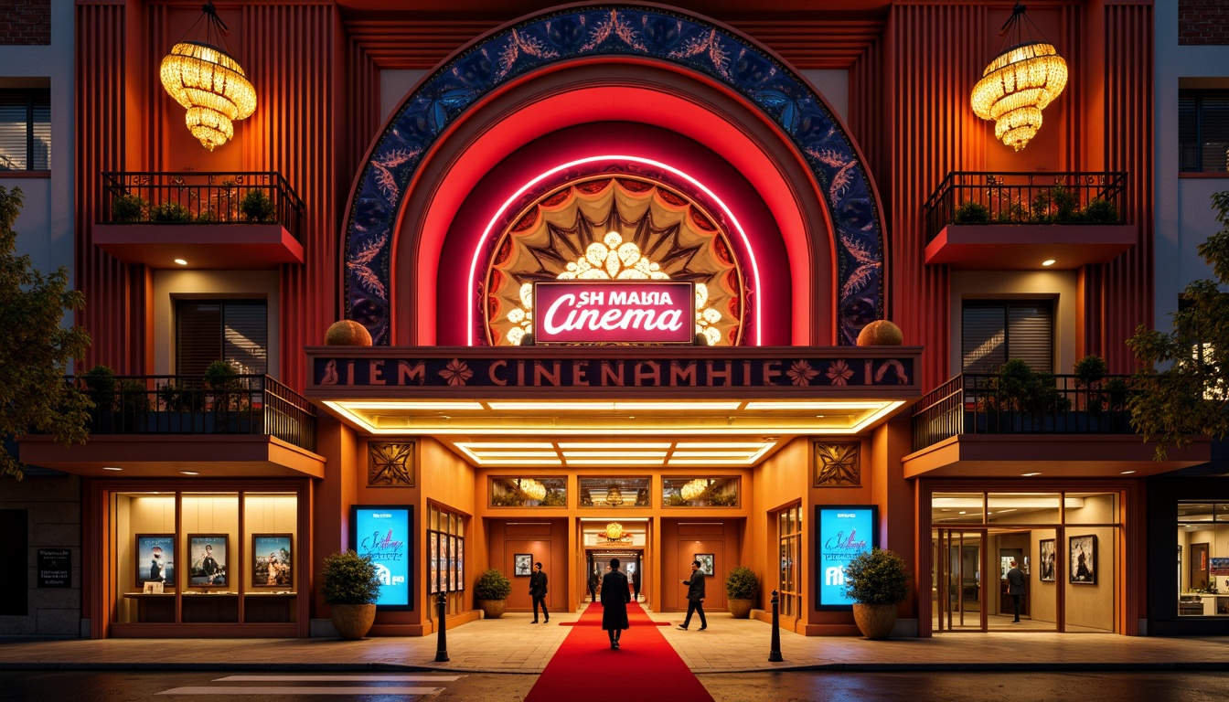 Prompt: Vibrant cinema facade, ornate decorations, Art Deco patterns, neon lights, bold signage, grand entrance, red carpet, luxurious curtains, opulent chandeliers, intricate moldings, ornamental columns, lavish balconies, cinematic posters, nostalgic ambiance, warm golden lighting, shallow depth of field, 1/1 composition, symmetrical framing, realistic textures, ambient occlusion.