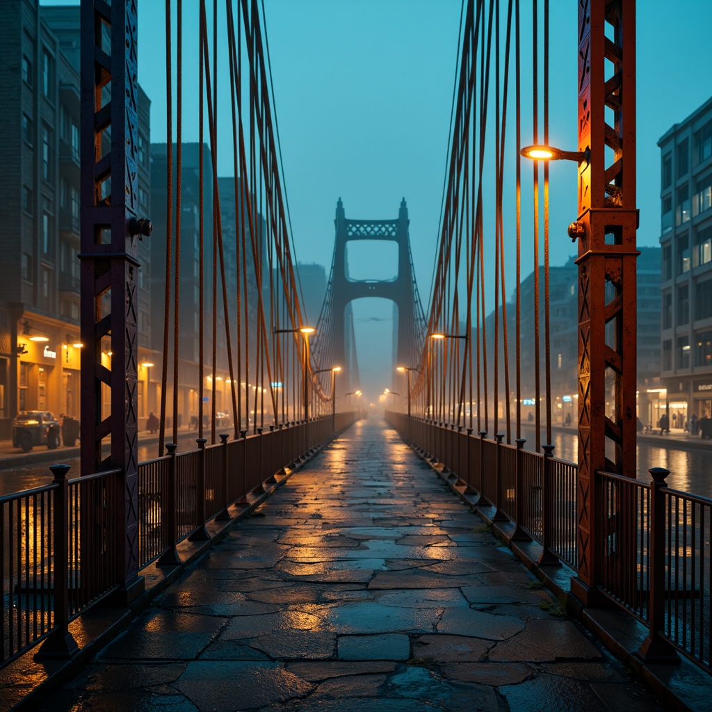 Prompt: Vibrant orange suspension cables, deep blue steel beams, warm golden lighting, misty atmospheric effects, rugged stone piers, dynamic curved lines, bold geometric shapes, distressed metal textures, eerie nighttime ambiance, high-contrast color palette, dramatic shadows, cinematic composition, 1/2 framing, low-key lighting, mysterious foggy atmosphere.