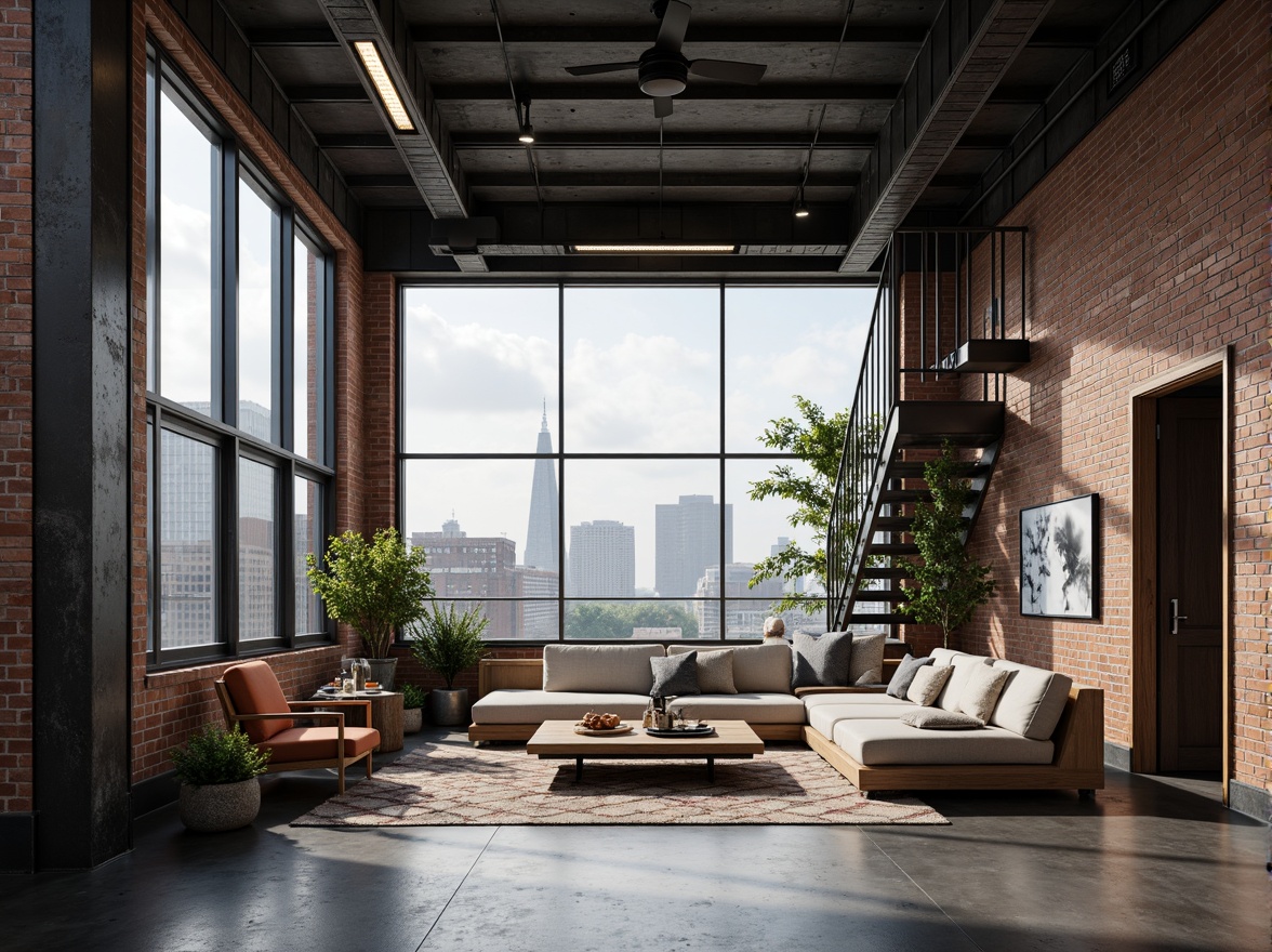 Prompt: Industrial chic loft, exposed brick walls, metal beams, polished concrete floors, minimalist decor, sleek lines, modern high-tech gadgets, futuristic lighting fixtures, floor-to-ceiling windows, cityscape views, urban landscape, cloudy day, soft natural light, shallow depth of field, 3/4 composition, panoramic view, realistic textures, ambient occlusion, reclaimed wood accents, industrial metal stairs, open-plan living area, cozy reading nooks, plush sectional sofas, geometric patterned rugs.