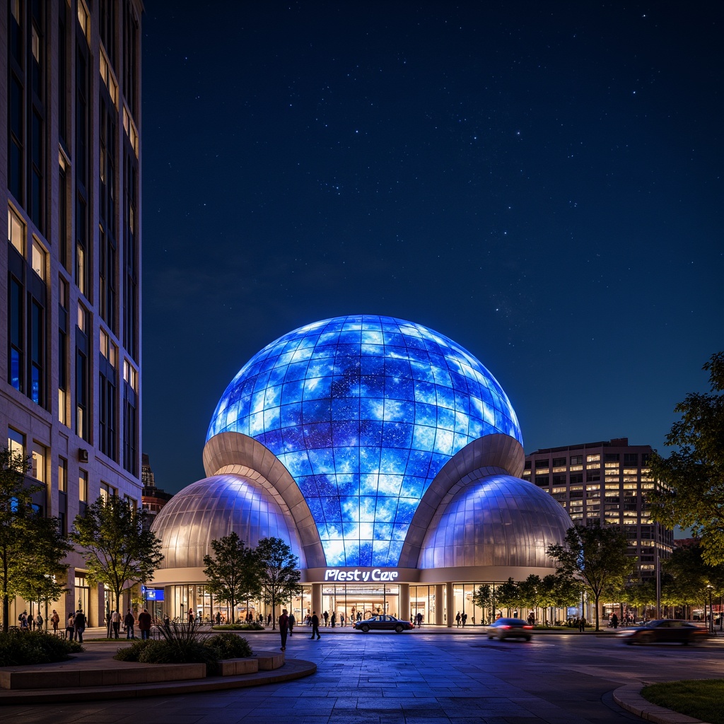 Prompt: Glowing planetarium dome, futuristic facade design, sleek metallic surfaces, neon-lit celestial patterns, starry night sky, modernist architecture, curved lines, geometric shapes, minimalist aesthetic, LED light installations, ambient lighting effects, shallow depth of field, 1/1 composition, panoramic view, realistic textures, ambient occlusion, urban cityscape, bustling streets, vibrant nightlife, cosmopolitan atmosphere.