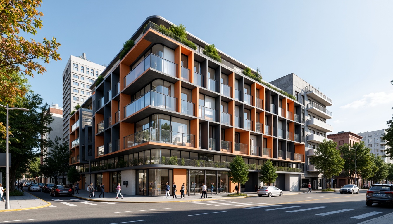 Prompt: Geometric dental clinic facade, rectangular forms, clean lines, minimal ornamentation, functional simplicity, industrial materials, steel frames, large glass windows, cantilevered roofs, asymmetrical compositions, bold color blocking, primary color accents, urban cityscape, busy street scene, morning sunlight, soft shadows, 1/1 composition, realistic textures, ambient occlusion.