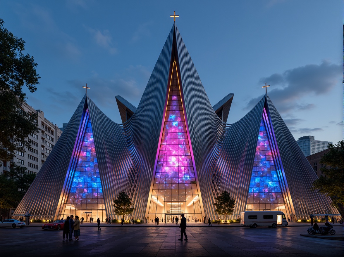 Prompt: Futuristic church facade, neon-lit crosses, iridescent stained glass windows, holographic projections, metallic mesh exteriors, parametric architecture, undulating curves, glowing LED accents, cantilevered roofs, angular lines, minimalist ornamentation, sustainable energy harvesting systems, solar panels, wind turbines, water conservation systems, green roofs, eco-friendly materials, innovative cooling technologies, shaded outdoor spaces, misting systems, futuristic sculptures, vibrant colorful textiles, intricate geometric motifs, 3/4 composition, panoramic view, realistic textures, ambient occlusion.