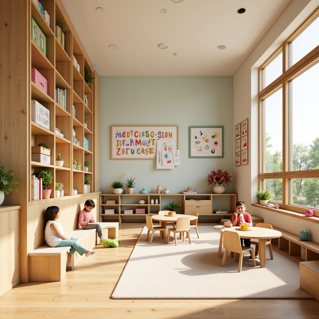 Prompt: Vibrant kindergarten, playful learning environment, soft pastel colors, gentle wood accents, whimsical illustrations, educational posters, colorful blocks, alphabet letters, number shapes, friendly cartoon characters, natural light pouring in, warm beige flooring, cozy reading nooks, circular tables, tiny chairs, joyful atmosphere, shallow depth of field, 1/1 composition, soft focus, creamy textures, subtle ambient occlusion.