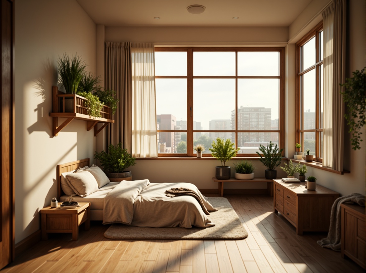 Prompt: Cozy dorm room, large windows, soft natural light, warm beige walls, comfortable bedding, wooden furniture, plants on shelves, calm atmosphere, morning sunlight, gentle shadows, 1/1 composition, shallow depth of field, realistic textures, ambient occlusion.