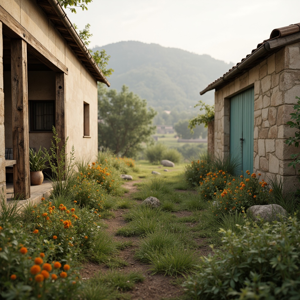 Prompt: Rustic rural landscape, earthy tones, warm beige, soft sage, mossy green, weathered wood textures, vintage metal accents, distressed stone walls, wildflower fields, rolling hills, serene countryside, misty morning light, soft focus, shallow depth of field, 1/2 composition, naturalistic colors, organic shapes, whimsical patterns.