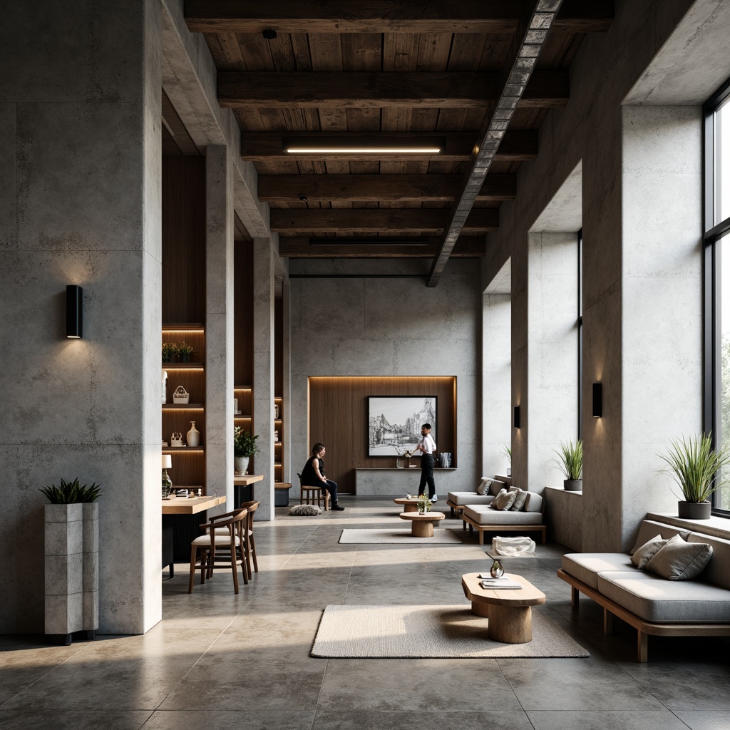 Prompt: Monochromatic interior, sleek lines, minimal ornamentation, industrial materials, exposed concrete walls, polished steel beams, reclaimed wood accents, matte black metal frames, frosted glass partitions, natural fiber textiles, earthy color palette, subtle texture contrasts, soft diffused lighting, 1/1 composition, shallow depth of field, realistic renderings.