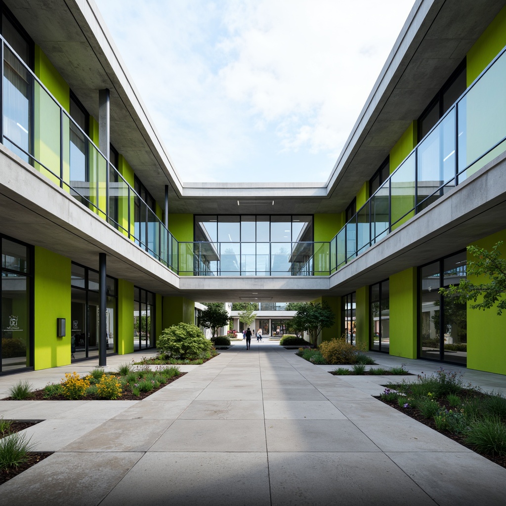 Prompt: Modern high school facade, clean lines, minimalist aesthetic, large glass windows, metal frames, cantilevered roofs, open courtyard, vibrant green walls, educational signage, sleek handrails, polished concrete floors, natural stone cladding, abstract geometric patterns, bold color accents, dynamic shading, 1/1 composition, softbox lighting, realistic reflections, ambient occlusion.