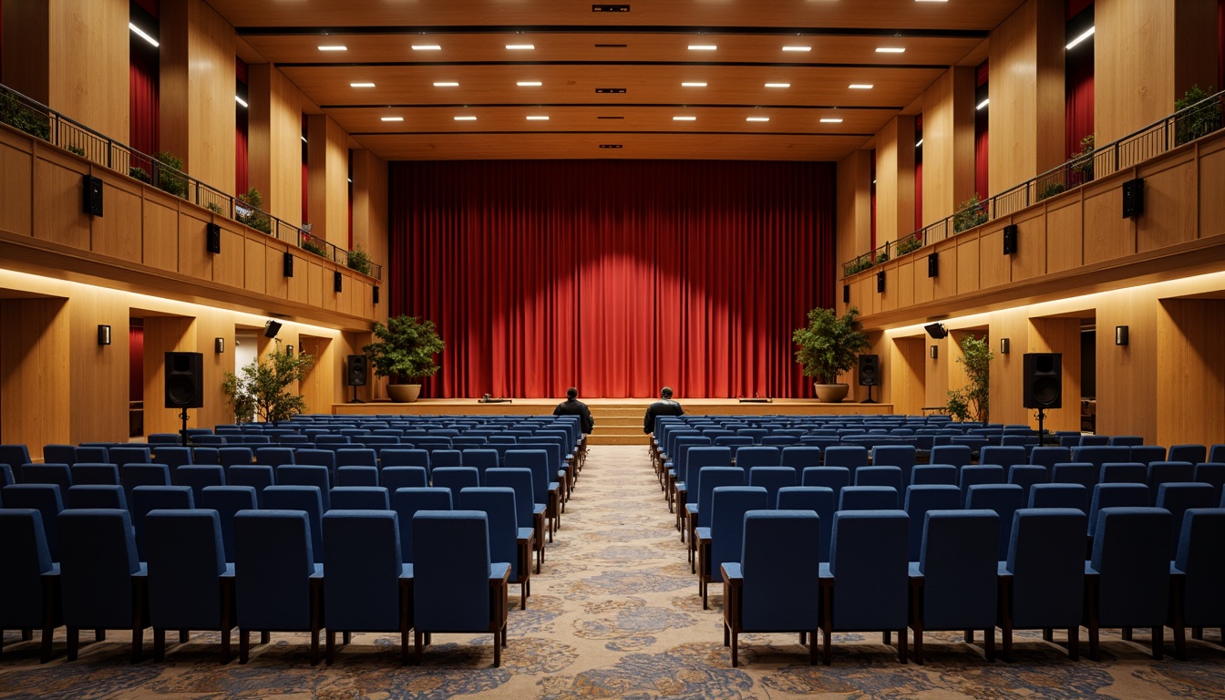 Prompt: Elegant auditorium interior, rich wood tones, warm beige walls, deep blue seats, golden accents, subtle lighting, dramatic stage presence, crimson red curtains, polished metal railings, sophisticated sound systems, acoustic panels, plush carpets, comfortable seating arrangements, intimate atmosphere, soft warm glow, shallow depth of field, 2/3 composition, realistic textures, ambient occlusion.