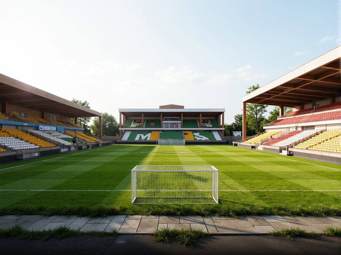 Prompt: Minimalist sports fields, lush green grass, subtle earthy tones, weathered wood bleachers, sleek metal goalposts, vibrant team colors, bold typography, natural stone pathways, rustic fences, open skies, warm sunlight, soft shadows, shallow depth of field, 3/4 composition, panoramic view, realistic textures, ambient occlusion.