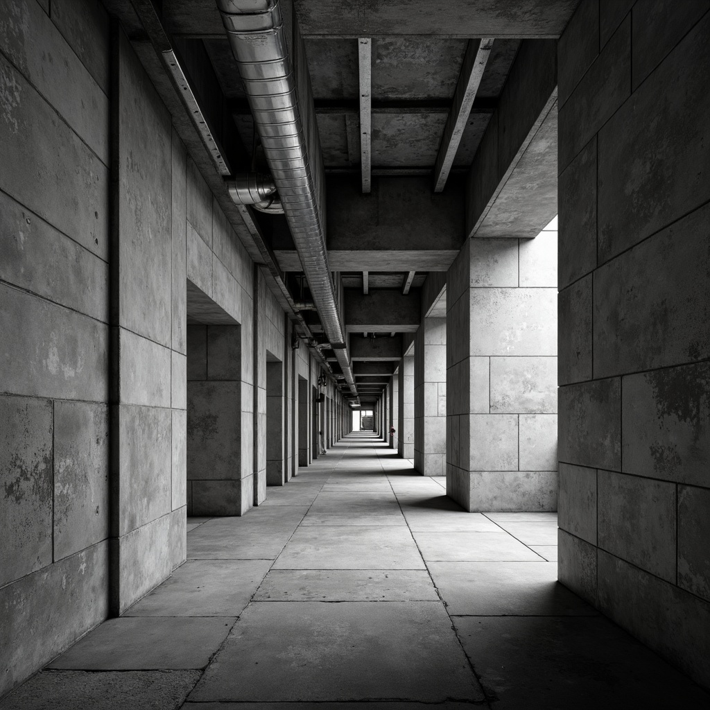 Prompt: Industrial concrete walls, exposed ductwork, metallic beams, urban cityscape, modern brutalist architecture, rough unfinished surfaces, monochromatic color palette, dramatic shadows, high contrast lighting, 1/2 composition, close-up shot, realistic textures, ambient occlusion.