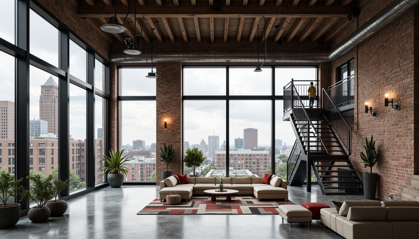 Prompt: Industrial chic loft, exposed brick walls, metal beams, polished concrete floors, minimalist decor, sleek lines, modern high-tech gadgets, futuristic lighting fixtures, floor-to-ceiling windows, cityscape views, urban landscape, cloudy day, soft natural light, shallow depth of field, 3/4 composition, panoramic view, realistic textures, ambient occlusion, reclaimed wood accents, industrial metal stairs, open-plan living area, cozy reading nooks, plush sectional sofas, geometric patterned rugs.