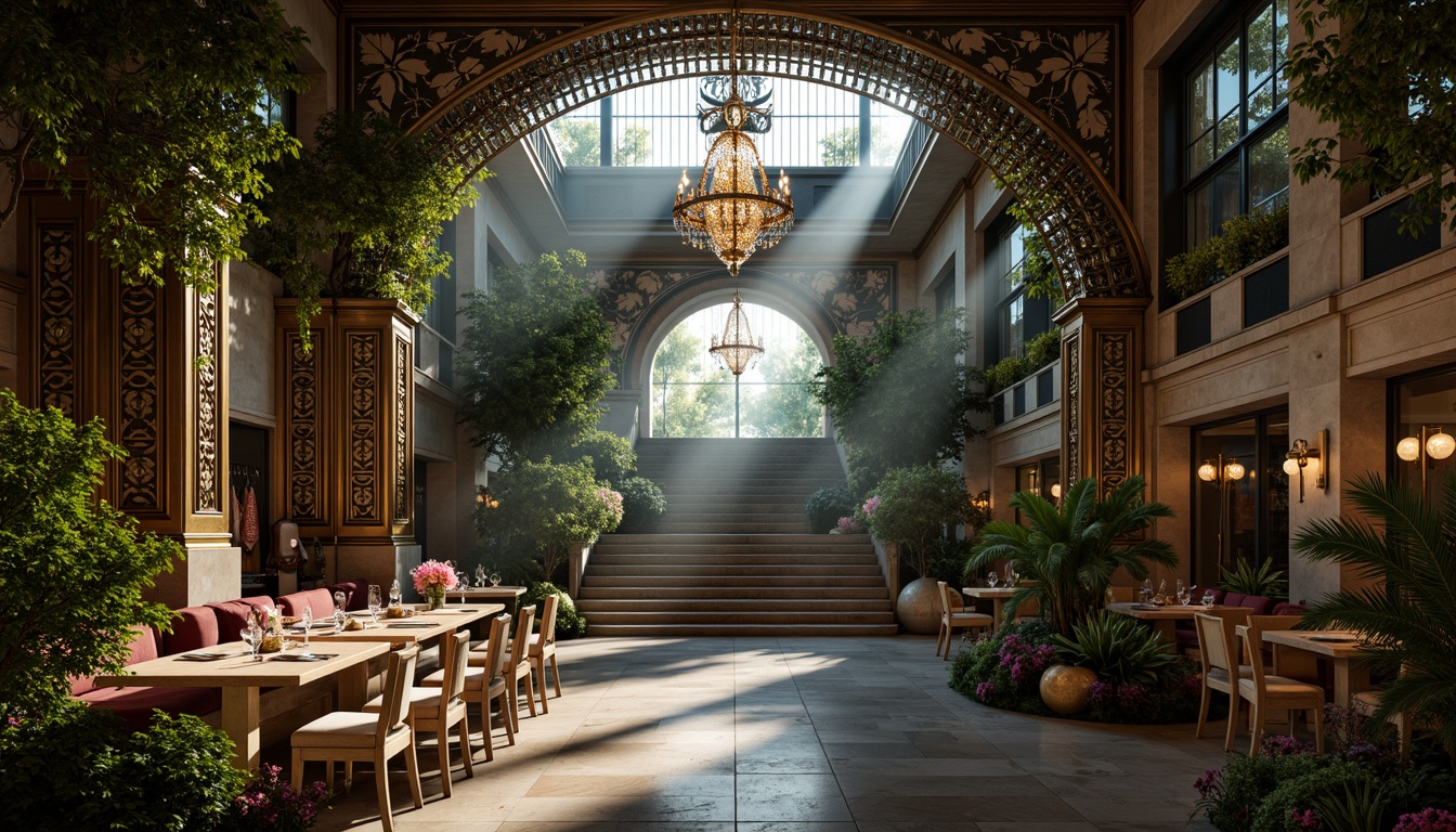 Prompt: Intricate ironwork, lush greenery, ornate chandeliers, grandiose archways, lavish furnishings, velvet drapes, gilded accents, marble countertops, crystal glassware, exotic flowers, tropical plants, misty atmosphere, soft warm lighting, shallow depth of field, 1/1 composition, realistic textures, ambient occlusion, luxurious ambiance, opulent decor, Baroque-inspired patterns, intricate carvings, ornate mirrors, grand staircase.