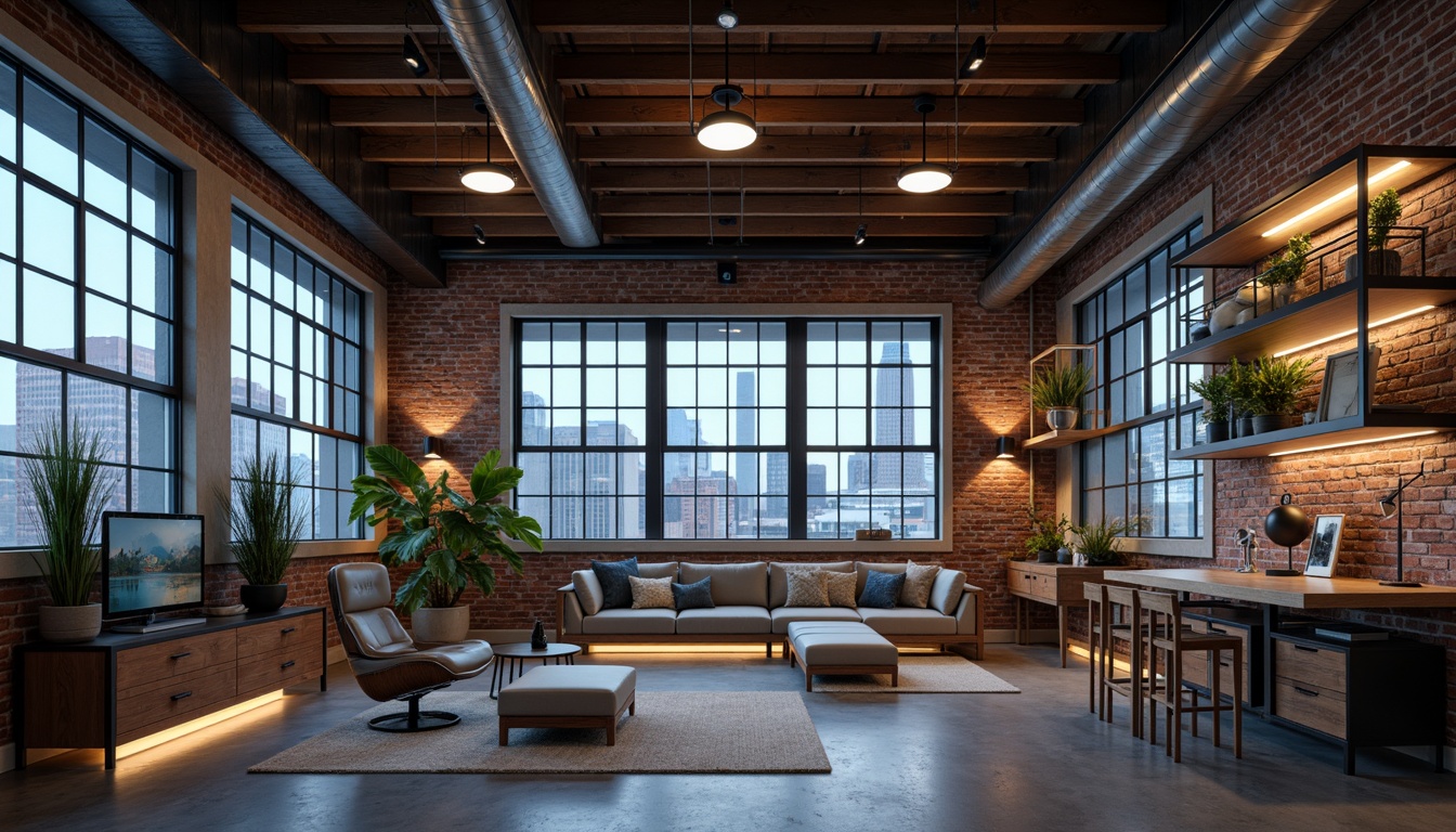 Prompt: Industrial chic loft, exposed brick walls, metal beams, polished concrete floors, minimalist decor, sleek lines, modern high-tech gadgets, futuristic lighting fixtures, neon accents, urban cityscape views, floor-to-ceiling windows, open-plan living areas, modular furniture, ergonomic seating, collaborative workspaces, virtual reality zones, 3D printing stations, smart home automation systems, ambient LED lighting, shallow depth of field, 2/3 composition, cinematic camera angles, realistic metallic textures, advanced particle simulations.