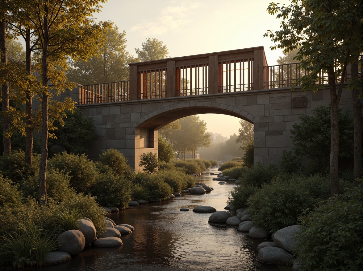 Prompt: Timeless bridge architecture, rustic stone walls, ornate metal railings, weathered wooden accents, earthy brown tones, muted greenery, soft misty atmosphere, warm golden lighting, subtle gradient effects, realistic textures, ambient occlusion, 1/1 composition, symmetrical framing, serene water reflections, gentle river flow, lush vegetation, natural stone piers, classic ornamental details, elegant arches, refined lines, sophisticated simplicity.